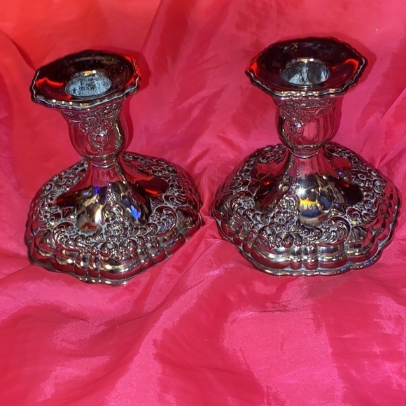 2 silver looking vintage Candle holders looking great any formal meal set of 2 - Picture 1 of 9
